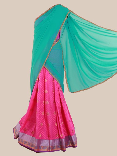

Pothys Turquoise Blue & Pink Poly Chiffon Solid Traditional Half Saree
