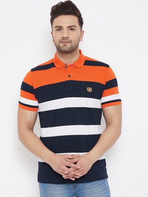 

98 Degree North Men Orange Striped Polo Collar T-shirt