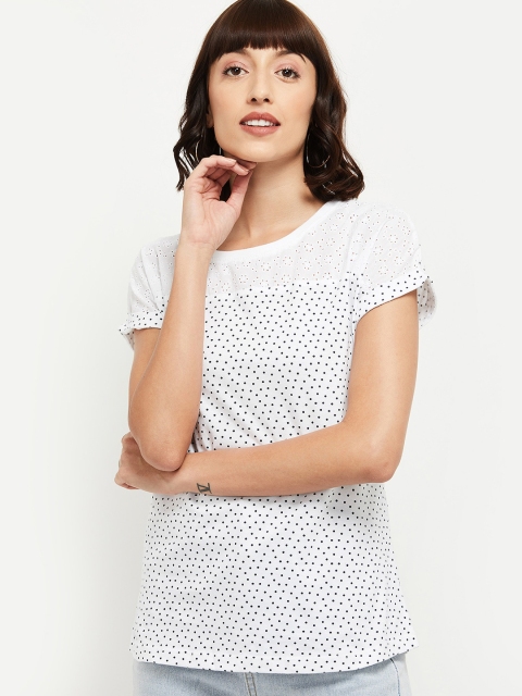 

max White & Navy Blue Polka Dots Printed Pure Cotton Top