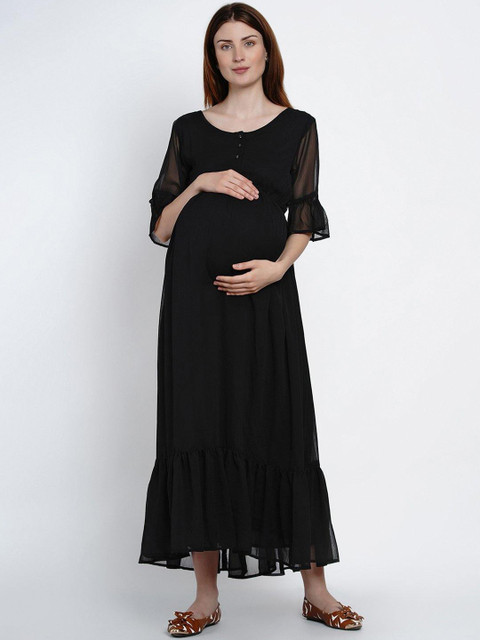 

Mine4Nine Women Black Solid Maxi Maternity Dress