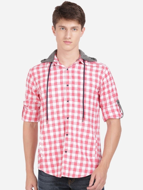 

IVOC Men White & Red Regular Fit Checked Hooded Casual Shirt