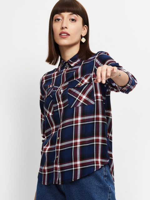 

max Women Navy Blue & Red Regular Fit Checked Viscose Rayon Casual Shirt