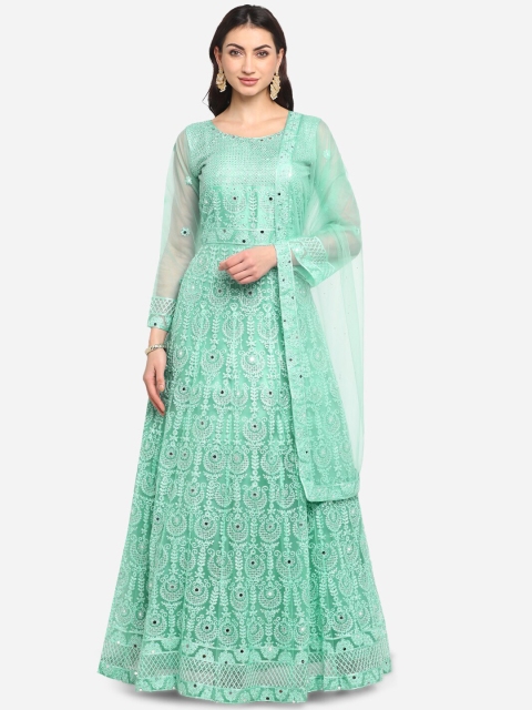 

BOMBAY SELECTIONS Women Sea Green Embroidered Kurta with Churidar & Dupatta