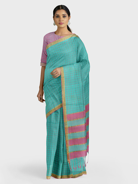 

APCO Sea Green & Pink Pure Cotton Checked Saree