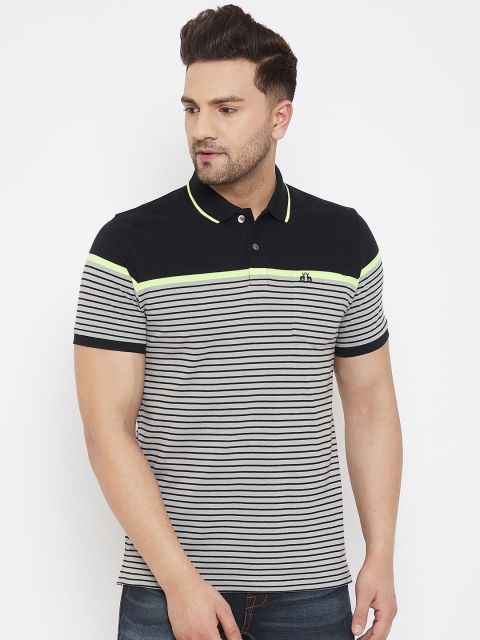 

98 Degree North Men Black Striped Polo Collar T-shirt
