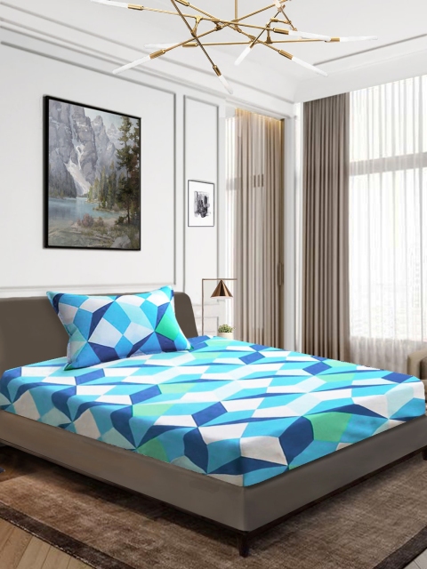 

Aura Blue & White Geometric 144 TC Cotton 1 Single Bedsheet with 1 Pillow Covers