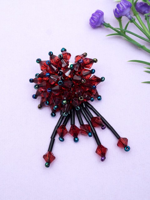 

Golden Peacock Unisex Red & Black Crystal & Beads Studded Floral Brooch
