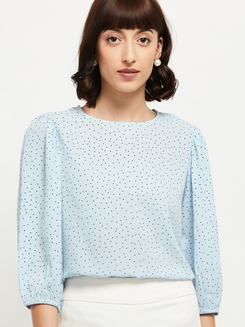 

max Blue Geometric Printed Puff Sleeves Regular Top