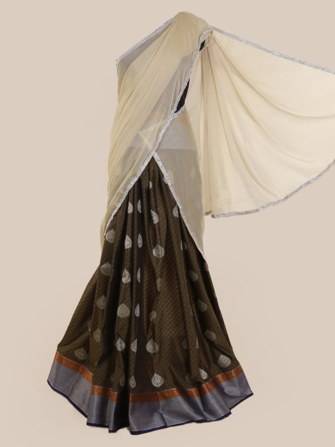 Pothys Cream-Coloured & Green Poly Chiffon Woven Design Saree