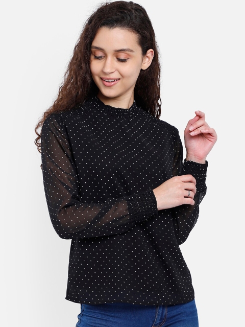 

Yaadleen Black & White Polka Dot Printed Georgette Regular Top