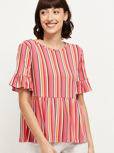 max Pink & White Striped Bell Sleeves Regular Top