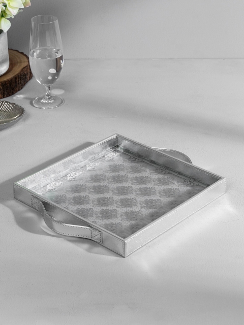 

Pure Home and Living Silver-Toned & White Printed Square Tray