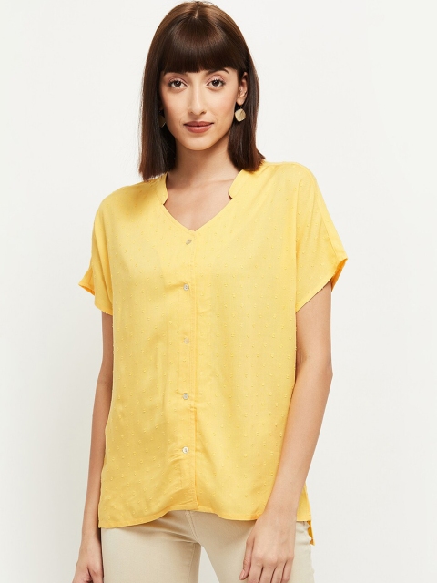 

max Yellow Mandarin Collar Roll-Up Sleeves Regular Top