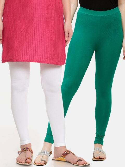De Moza Women Pack Of 2 White & Green Solid Ankle-Length Leggings