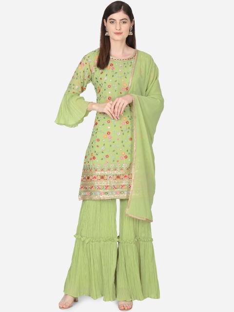 BOMBAY SELECTIONS Women Green Embroidered Kurti with Sharara & Dupatta