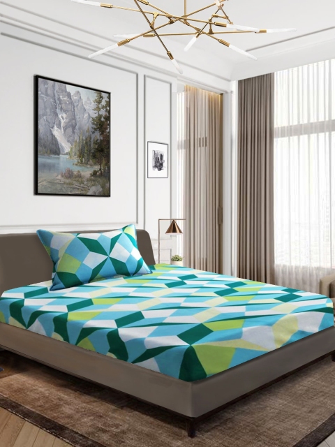 

Aura Turquoise Blue & Teal Geometric 144 TC Cotton 1 Single Bedsheet with 1 Pillow Covers