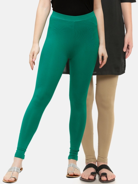 

De Moza Women Pack Of 2 Solid Beige & Green Ankle-Length Leggings