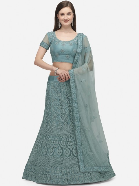 

V SALES Teal Semi-Stitched Lehenga & Blouse with Dupatta
