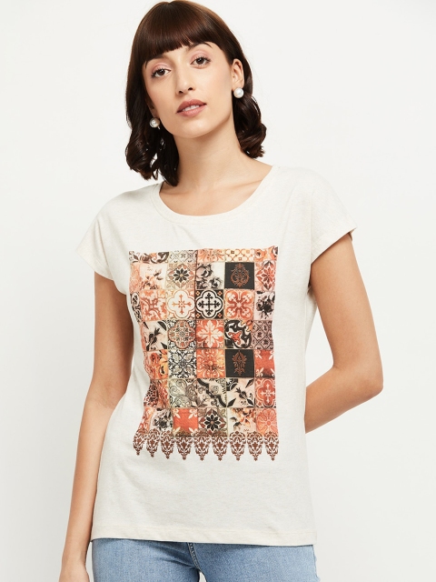 max Women Cream-Coloured Printed Boat Neck T-shirt