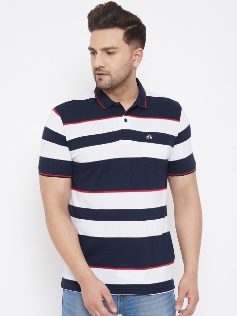 

98 Degree North Men Navy Blue Striped Polo Collar T-shirt