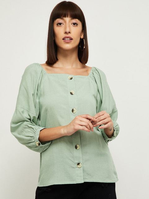 

max Green Puff Sleeves Regular Top