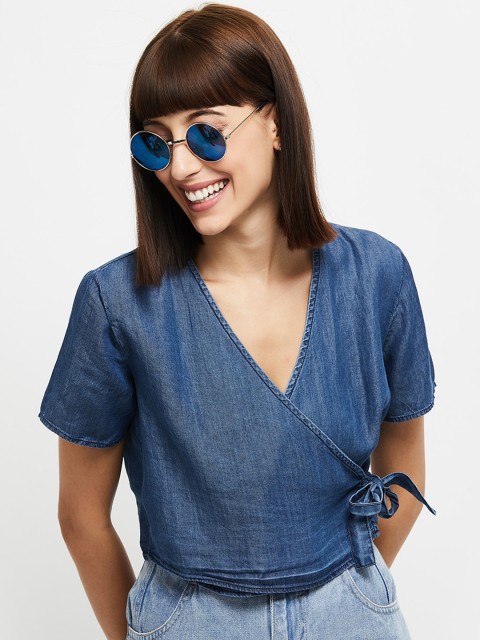 

max Women Blue Solid Wrap Top