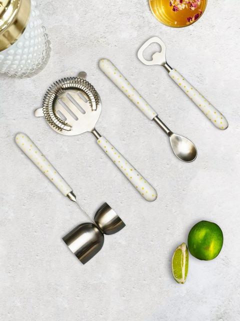

nestroots Set Of 4 Silver-Toned & White Bar Accessories