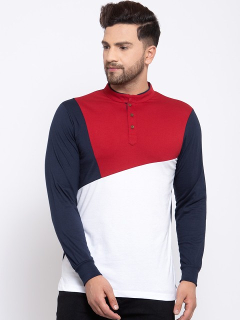 

Kalt Men Navy Blue & White Colourblocked Mandarin Collar T-shirt
