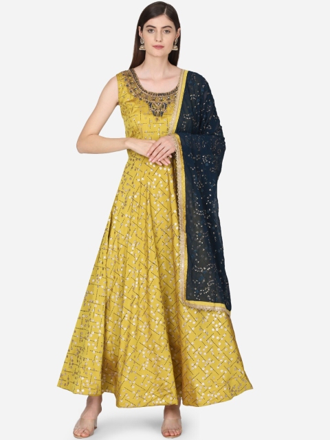 

BOMBAY SELECTIONS Women Mustard Yellow & Navy Blue Embroidered Kurta with Skirt & Dupatta