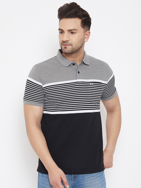 

98 Degree North Men Grey Striped Polo Collar T-shirt