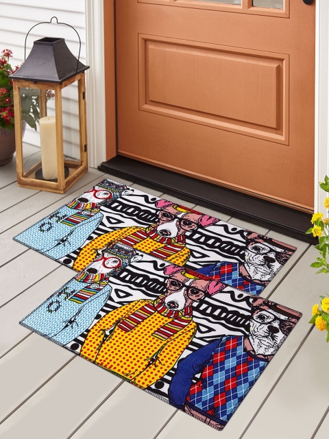 

Story@home Set Of 2 Blue & Yellow Printed Anti-Skid Doormats