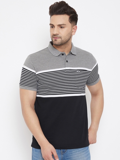 

98 Degree North Men Grey Striped Polo Collar T-shirt