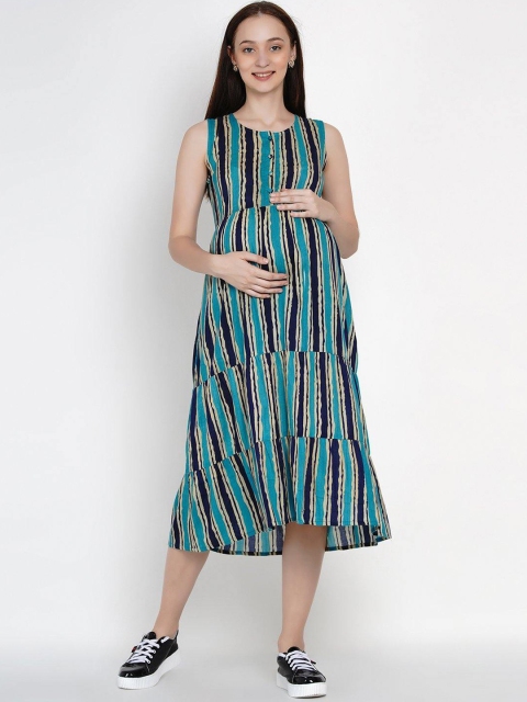 

Mine4Nine Women Multicoloured Striped A-Line Maternity Dress, Multi