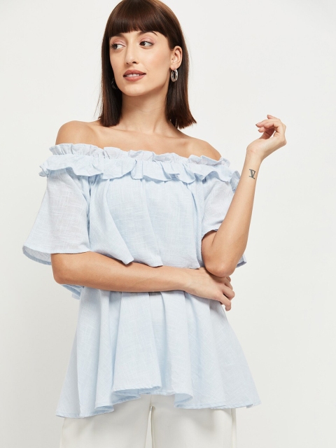 

max Blue Flutter Sleeves Bardot Top