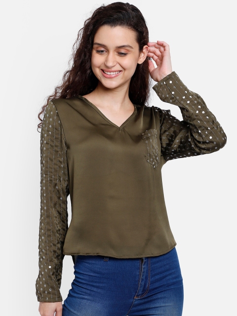 

Yaadleen Olive Green Embellished Regular Top