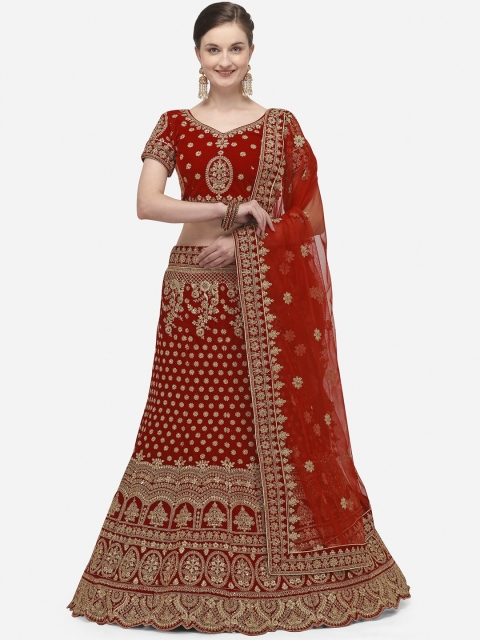 

V SALES Maroon Embroidered Semi-Stitched Lehenga & Unstitched Blouse with Dupatta