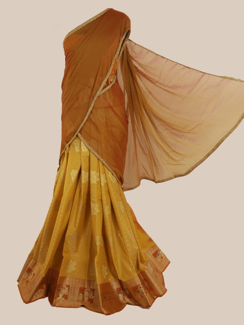 

Pothys Brown & Yellow Poly Chiffon Woven Design Half Saree