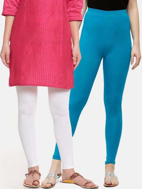 

De Moza Women Pack Of 2 White & Blue Solid Ankle-Length Leggings