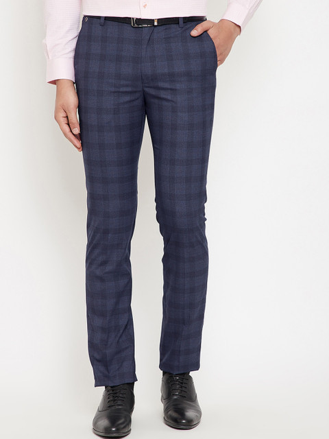 

Canary London Men Navy Blue Slim Fit Checked Formal Trousers
