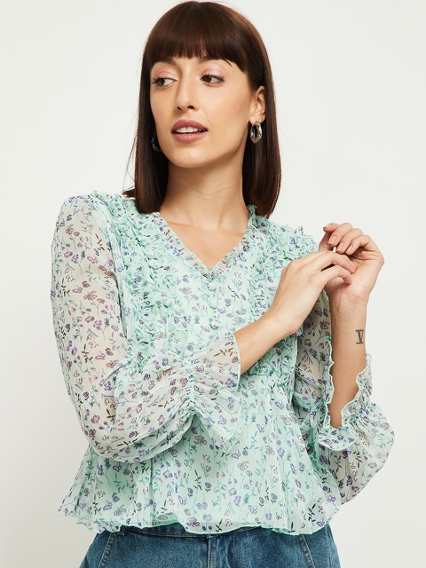 

max Blue Floral Printed Puff Sleeves Peplum Top