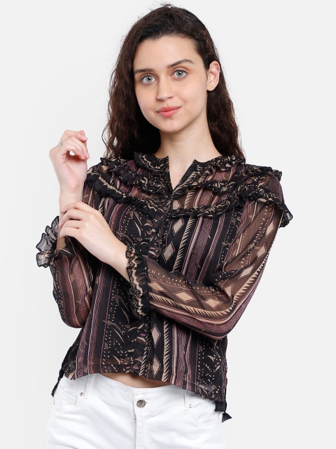 

Yaadleen Black Mandarin Collar Flutter Sleeves Georgette High-Low Top