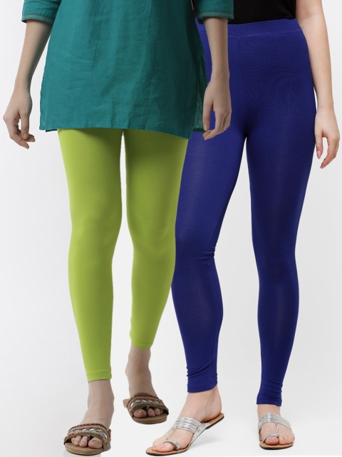 

De Moza Women Pack Of 2 Green & Blue Solid Ankle-Length Leggings