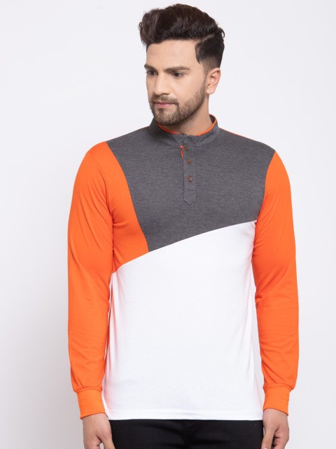

Kalt Men Orange & White Colourblocked Henley Neck T-shirt