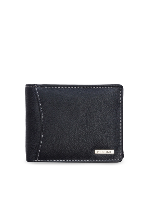 

Hidelink Men Black Textured RFID Genuine Leather Two Fold Wallet