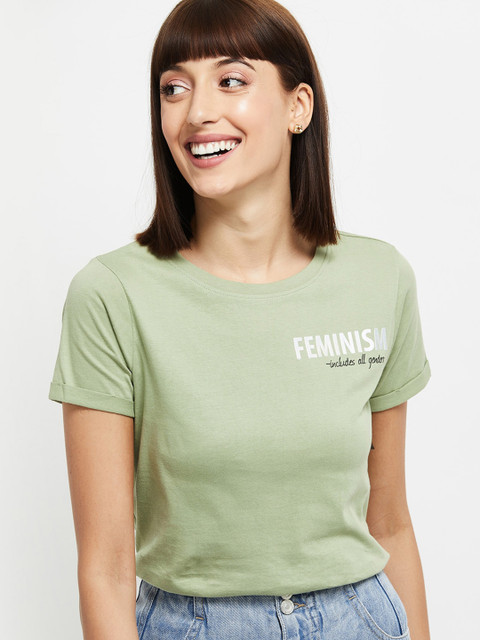 

max Women Green Printed Round Neck T-shirt