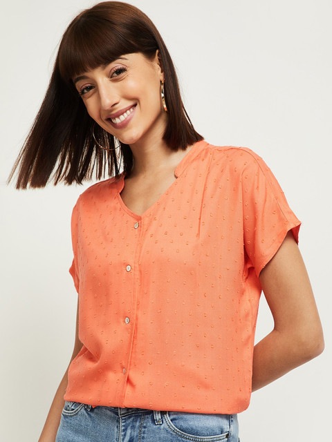 

max Orange Mandarin Collar Viscose Rayon Shirt Style Top