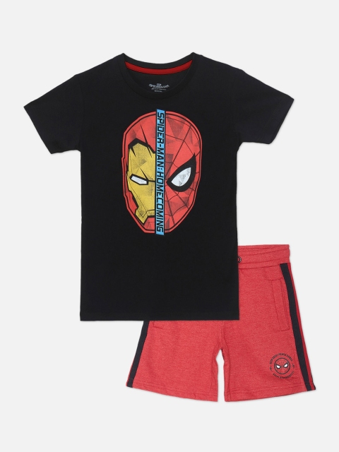 

Kids Ville Boys Black & Red Iron Man & Spiderman Printed T-shirt with Shorts