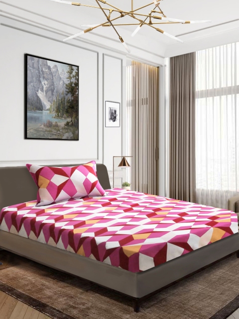 

Aura Pink & White Geometric 144 TC Cotton 1 Single Bedsheet with 1 Pillow Covers