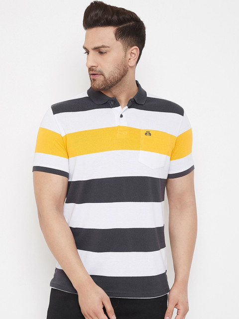 

98 Degree North Men Charcoal Striped Polo Collar T-shirt