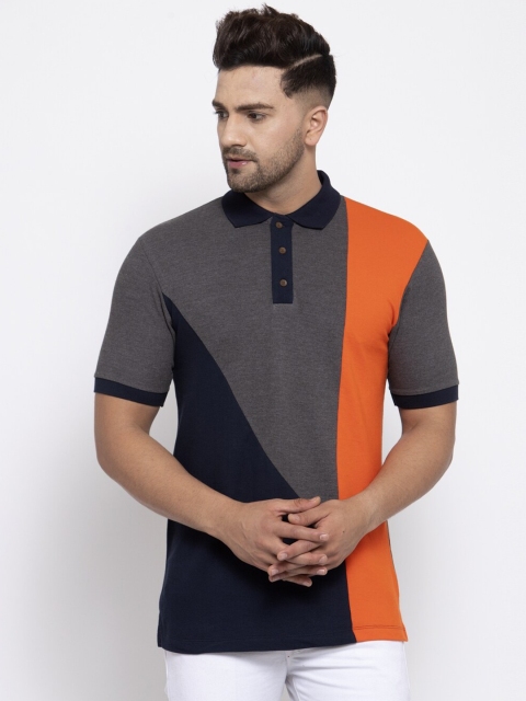 

Kalt Men Navy Blue & Orange Colourblocked Polo Collar T-shirt
